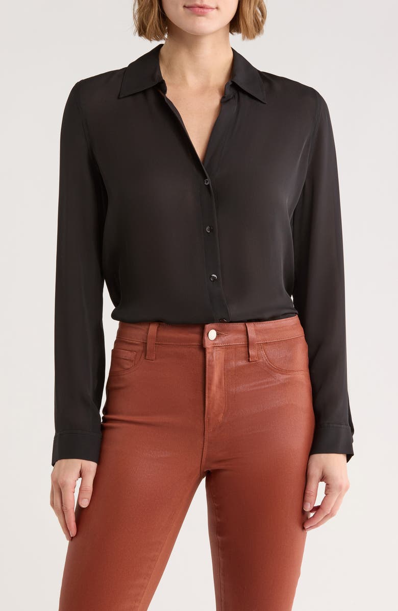 L'AGENCE Nina Long Sleeve Button-Up Silk Shirt, Main, color, Black
