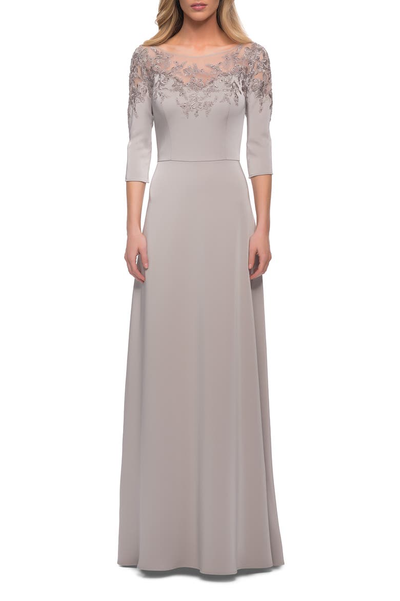 Jersey Mother of the Bride Gown with Lace Neckline, Alternate, color, Silver