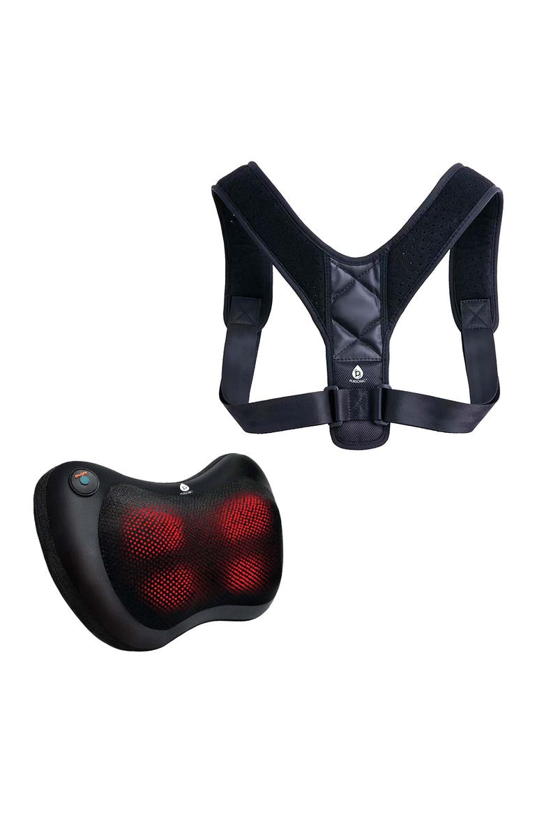 Shiatsu Heating Neck & Back Massager + Adjustable Posture Corrector Bundle Deep Tissue Massage & Spine Alignment Support, Main, color, Black