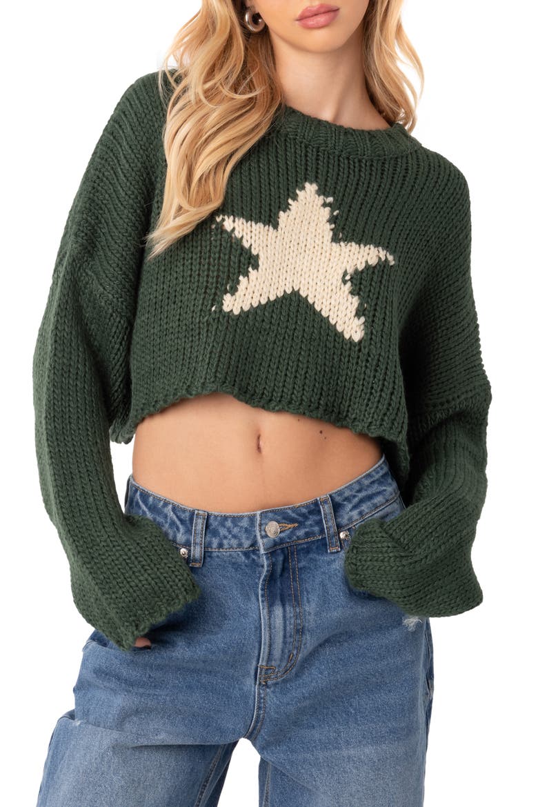 Mega Star Intarsia Crop Sweater, Main, color, GREEN