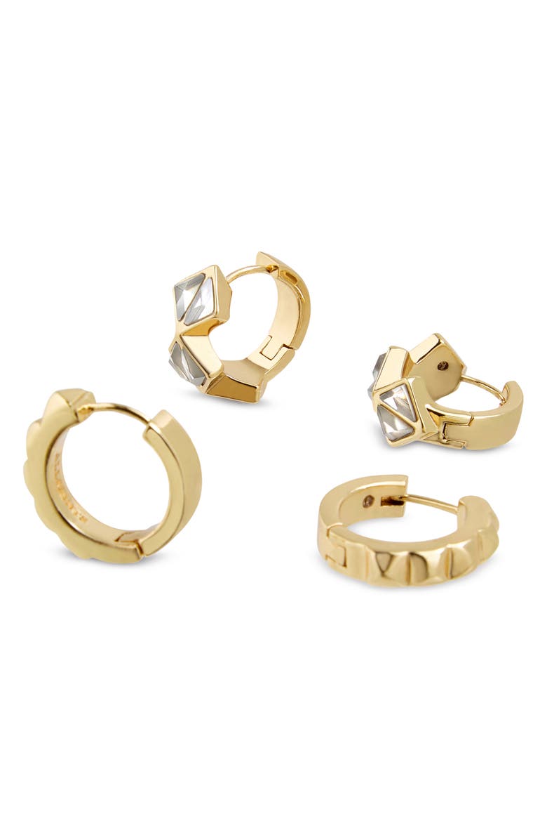 AllSaints Set of 2 Geometric Crystal Huggie Hoop Earrings, Alternate, color, Gold