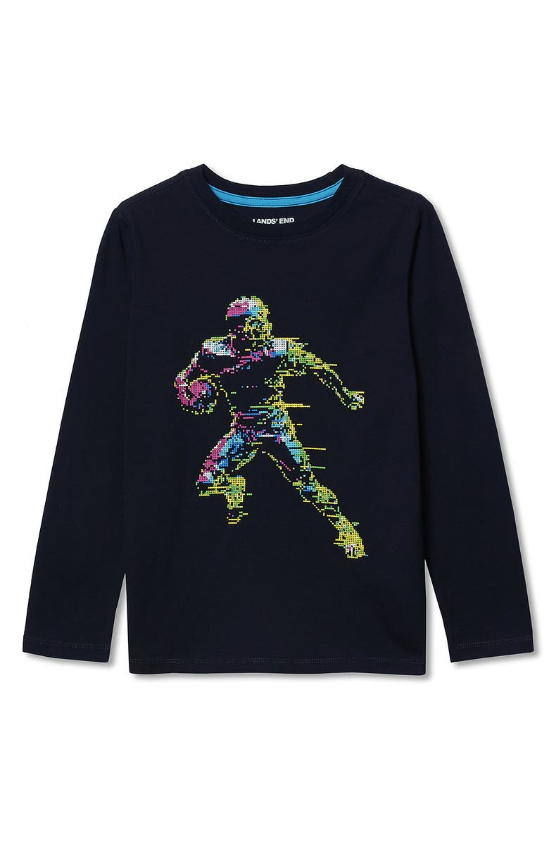 Lands' End Boys Husky Long Sleeve Graphic Tee, Main, color, Classic Navy Quarterback