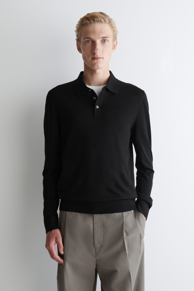 Slim Merino Wool Polo Shirt, Main, color, BLACK