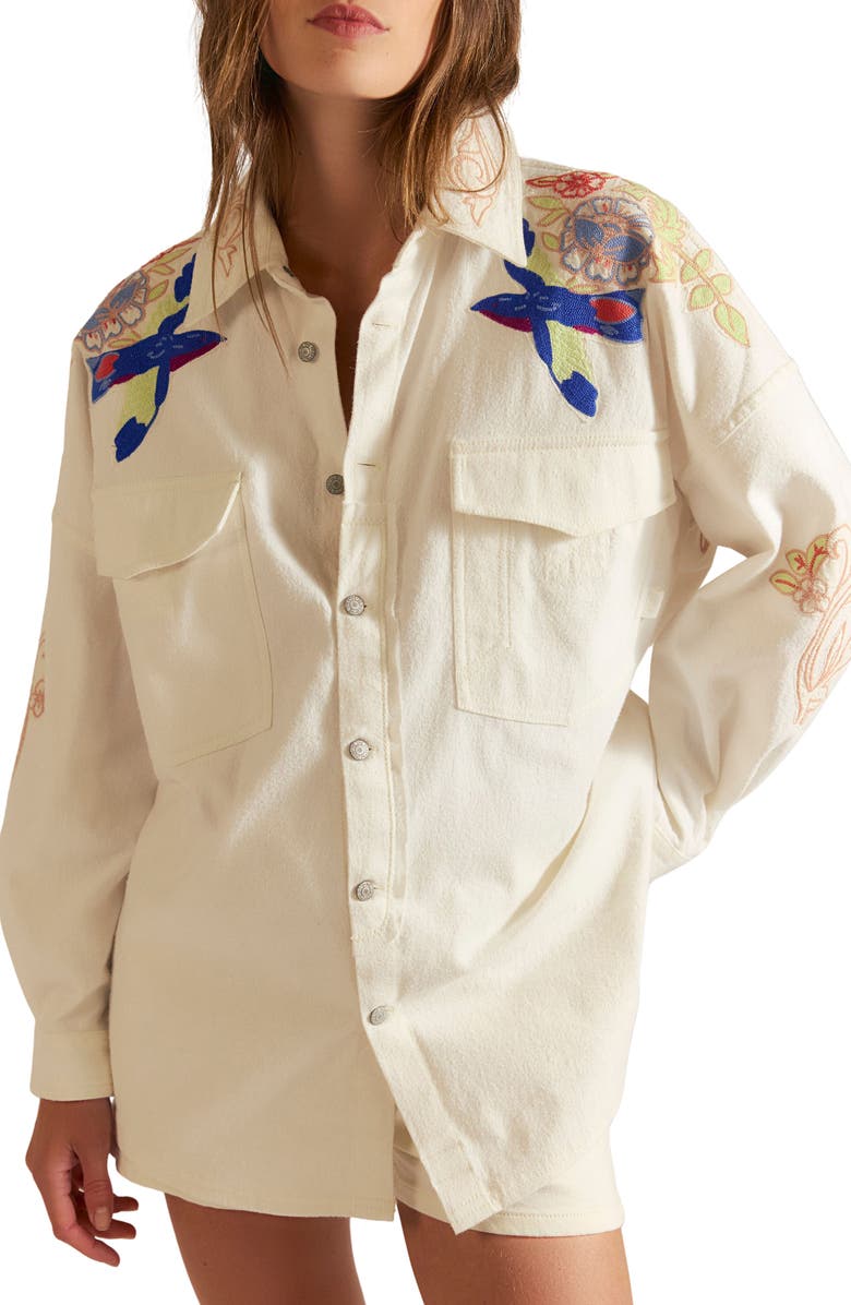 Free People Take Flight Embroidered Cotton Shirt, Alternate, color, Snow Bell Combo