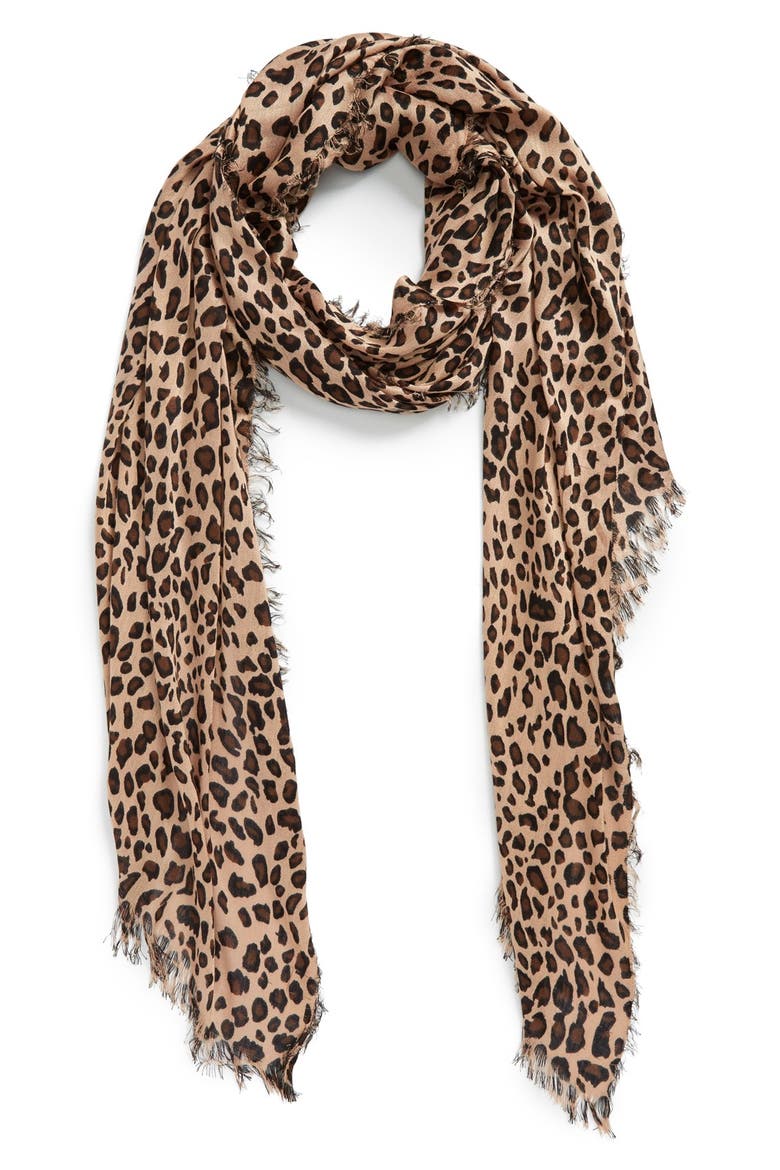 Leopard Print Scarf, Main, color, BROWN