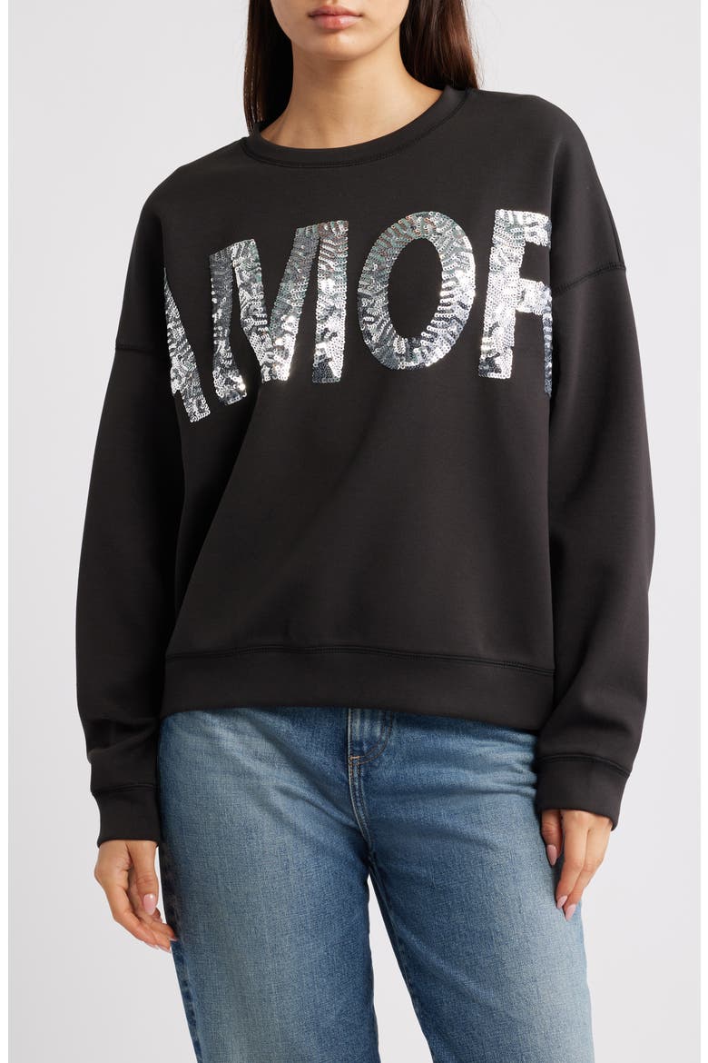 Ihkelicia Amor Sequin Appliqué Sweatshirt, Main, color, BLACK
