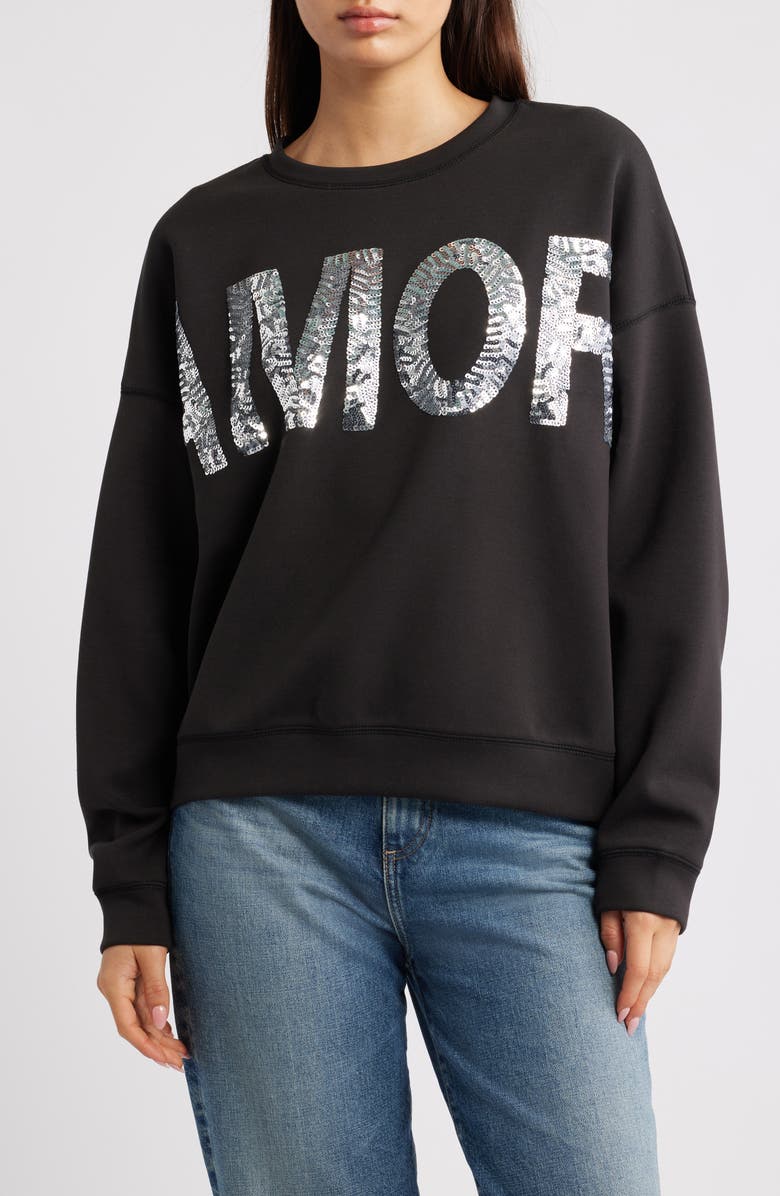 ICHI Ihkelicia Amor Sequin Appliqué Sweatshirt, Main, color, Black