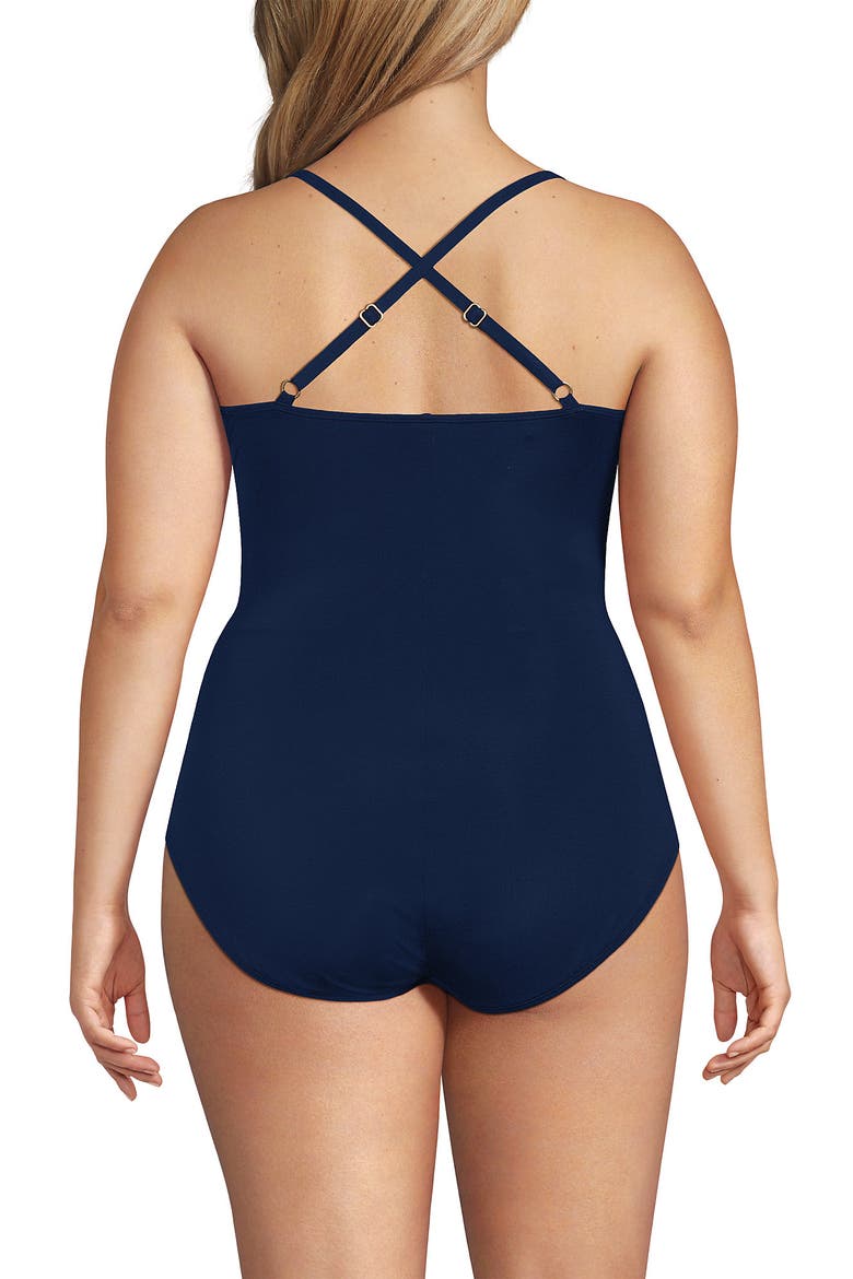 Plus Size Slender Suit Pleated Low Leg One Piece Swimsuit, Alternate, color, Deep Sea Navy Mini Stripe