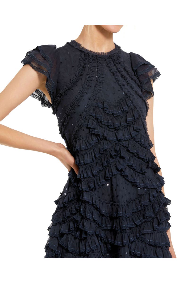 Mac Duggal High Neck Ruffle Mesh Midi Dress, Alternate, color, Navy