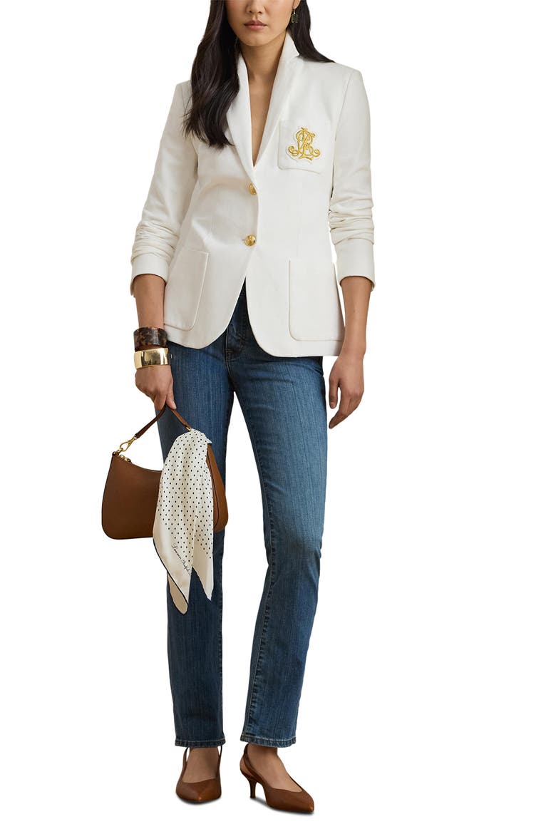 Bullion Jacquard Logo Patch Cotton Blend Blazer, Alternate, color, WHITE