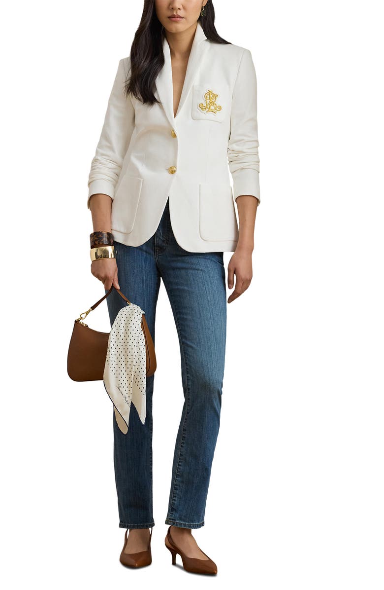 Lauren Ralph Lauren Bullion Jacquard Logo Patch Cotton Blend Blazer, Alternate, color, White