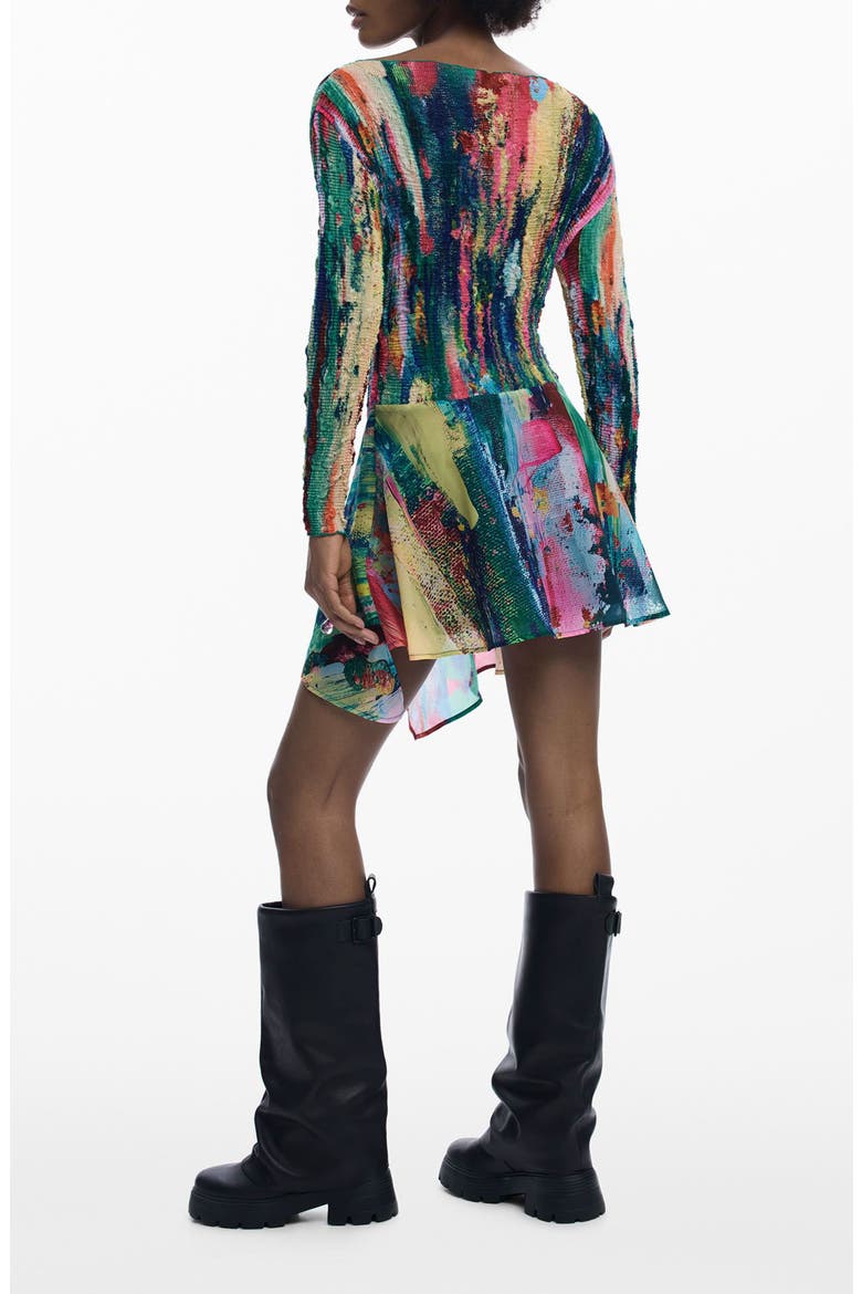 Smocked Long Sleeve Handkerchief Hem Dress, Alternate, color, GREEN MULTI