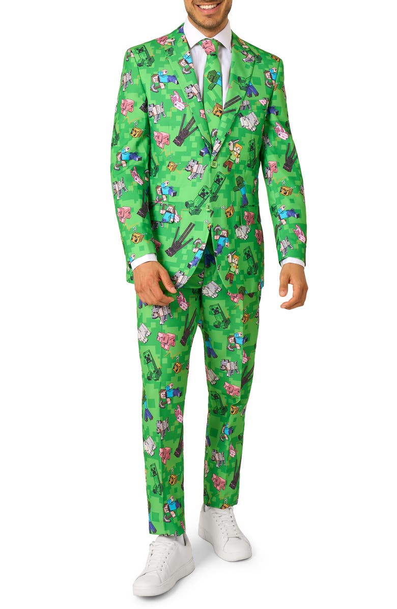 OppoSuits x Minecraft Slim Fit Two-Piece Suit & Tie Set, Main, color, Green