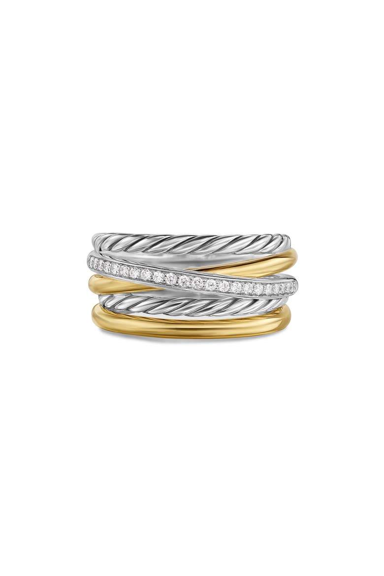 Crossover Five-Row Ring in Sterling Silver with 18K Yellow Gold and Diamonds, 11mm, Main, color, STERLING SILVER/18K GOLD - 8