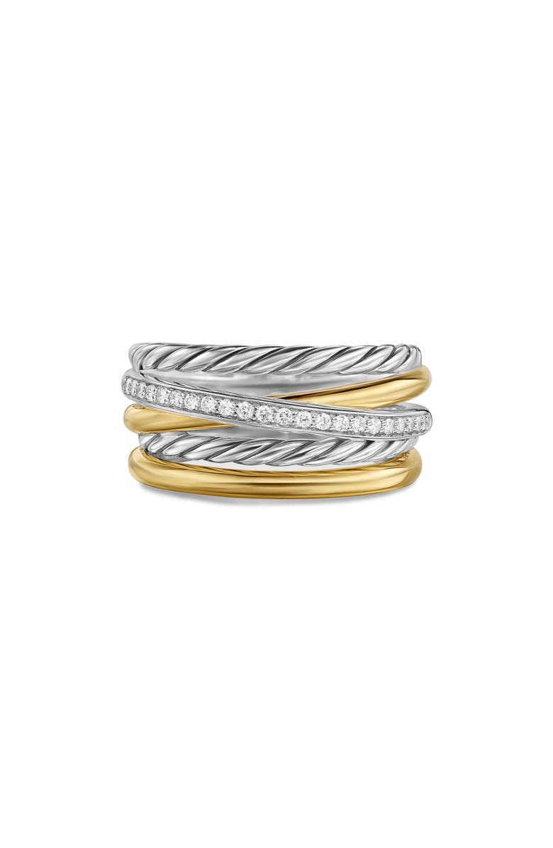 David Yurman Crossover Five-Row Ring in Sterling Silver with 18K Yellow Gold and Diamonds, 11mm, Main, color, Sterling Silver/ 18K Gold - 6
