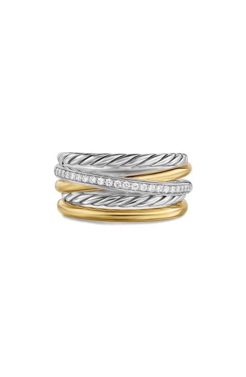 Crossover Five-Row Ring in Sterling Silver with 18K Yellow Gold and Diamonds, 11mm