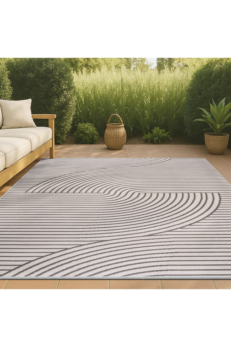 Arielle Mid-Century Modern Curve Stripe Reversible Machine-Washable Indoor/Outdoor Area Rug, Alternate, color, Dark Gray/Cream