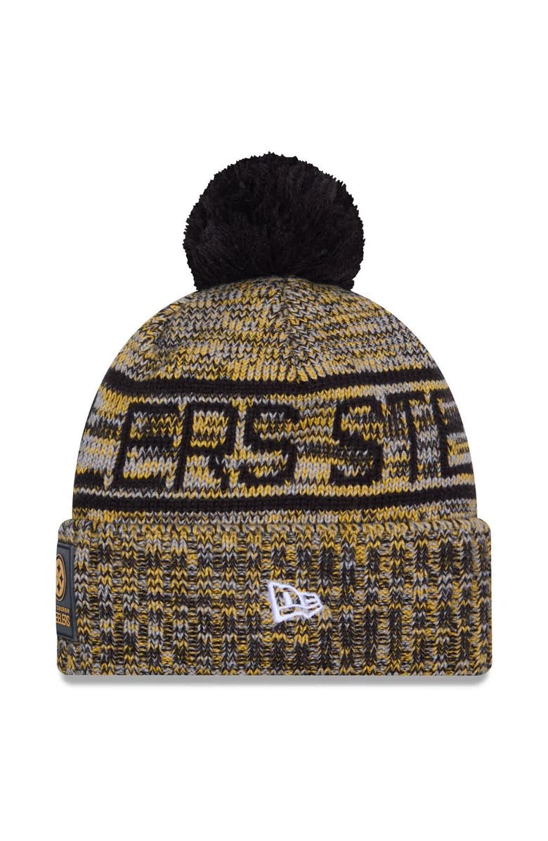New Era Men's New Era Gold Pittsburgh Steelers 2025 Sideline Cold Weather Cuffed Knit Hat with Pom, Alternate, color,