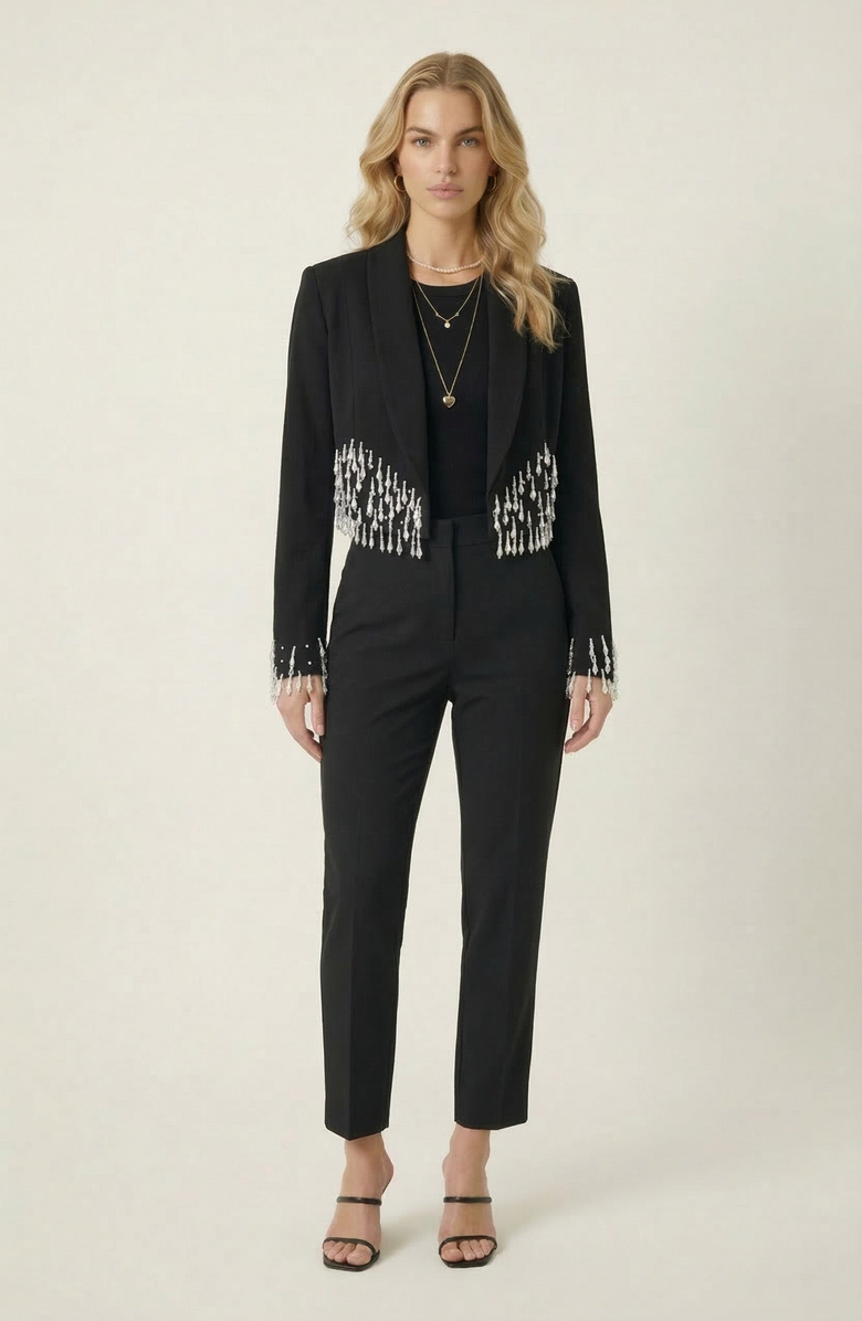 Modenaire Beaded Cropped Blazer with Shawl Collar, Alternate, color, Black