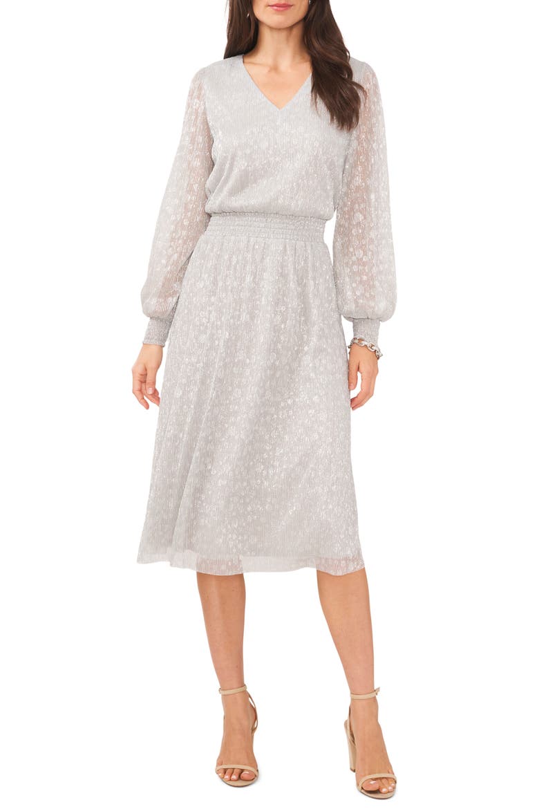 Plissé V-Neck Long Sleeve Midi Dress, Main, color, SILVER/SILVER