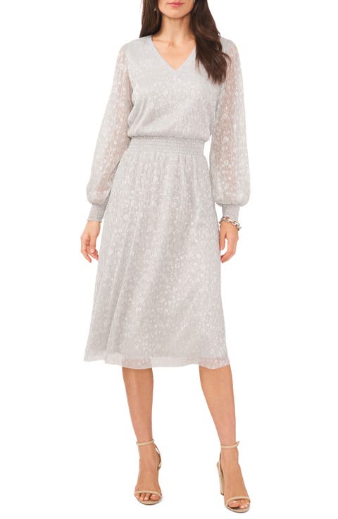 Plissé V-Neck Long Sleeve Midi Dress