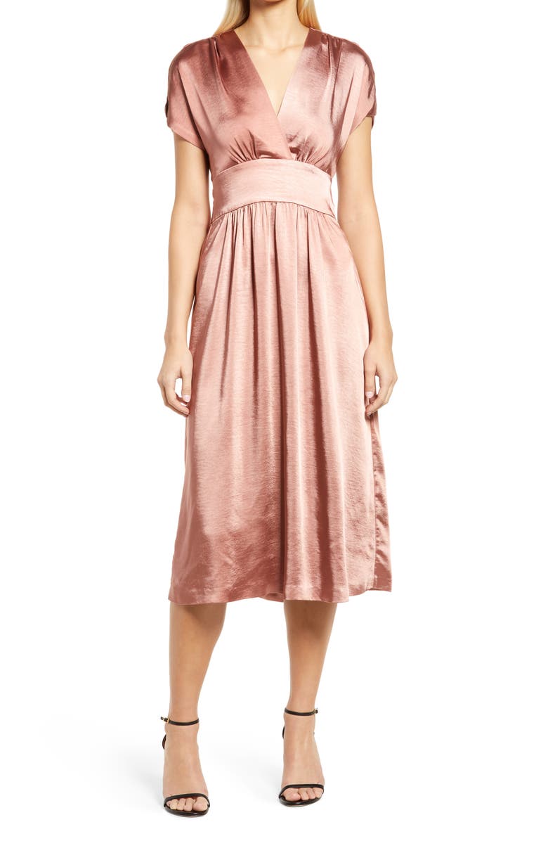 Anne Klein Wrap Front Washed Satin Midi Dress, Main, color, 