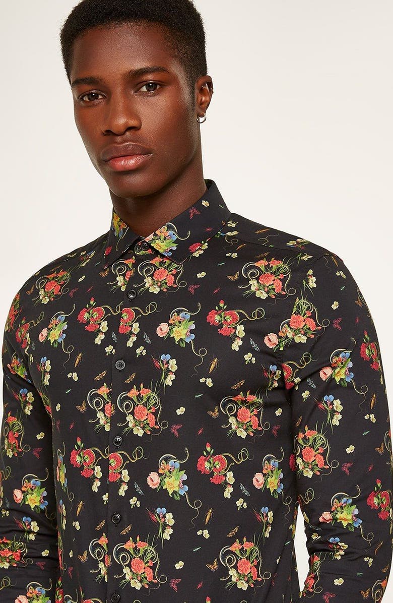 Topman Snake Floral Print Shirt, Alternate, color, 