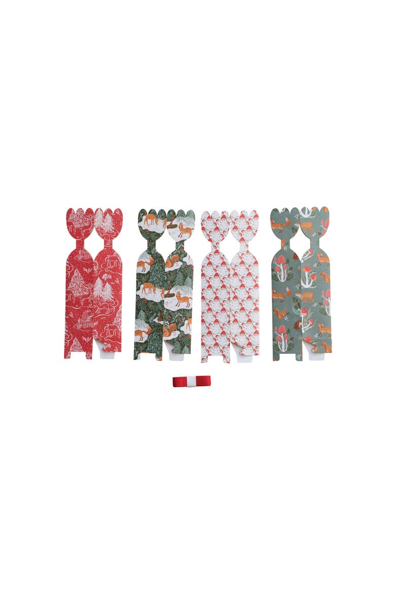 Tall Paper Gift Boxes with Woodland Flora and Fauna Pattern and Red Ribbons, Multicolor, Set of 4, Alternate, color, Red