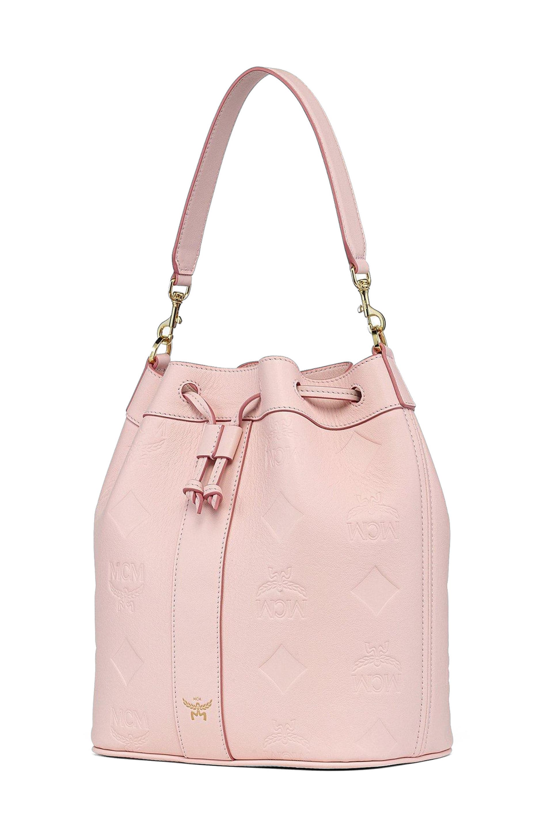 MCM Medium Dessau Drawstring Bag in Maxi Monogram Leather, Alternate, color, Lotus Pink