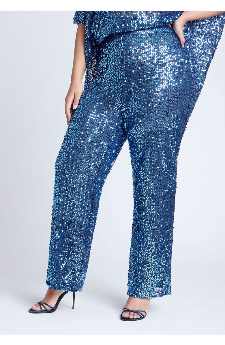 ELOQUII Sequin Open Mesh Straight Leg Pant, Alternate, color, Blue Steel