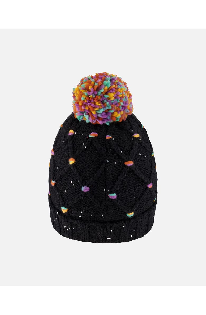 Deux par Deux Lined Knit Pompom Hat with Little Sequins, Alternate, color, Black And Multicolor