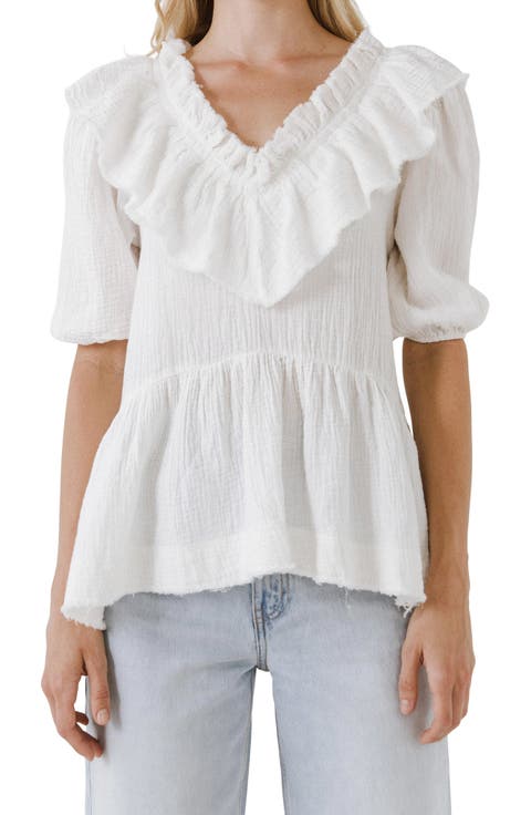 Ruffle Neck Cotton Blouse