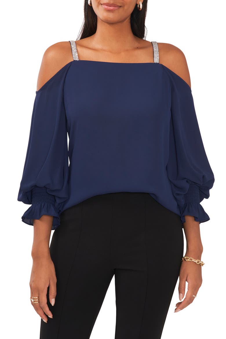 Rhinestone Trim Cold Shoulder Top, Main, color, JBS NAVY