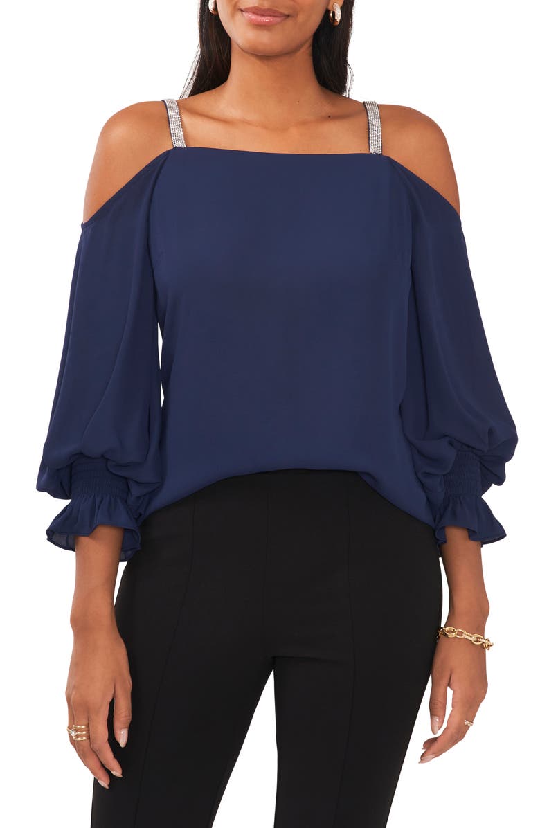Chaus Rhinestone Trim Cold Shoulder Top, Main, color, Jbs Navy