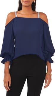 Chaus Rhinestone Trim Cold Shoulder Top