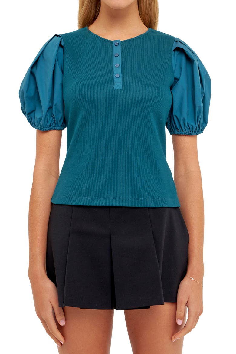 Puff Sleeve Henley, Alternate, color, TEAL