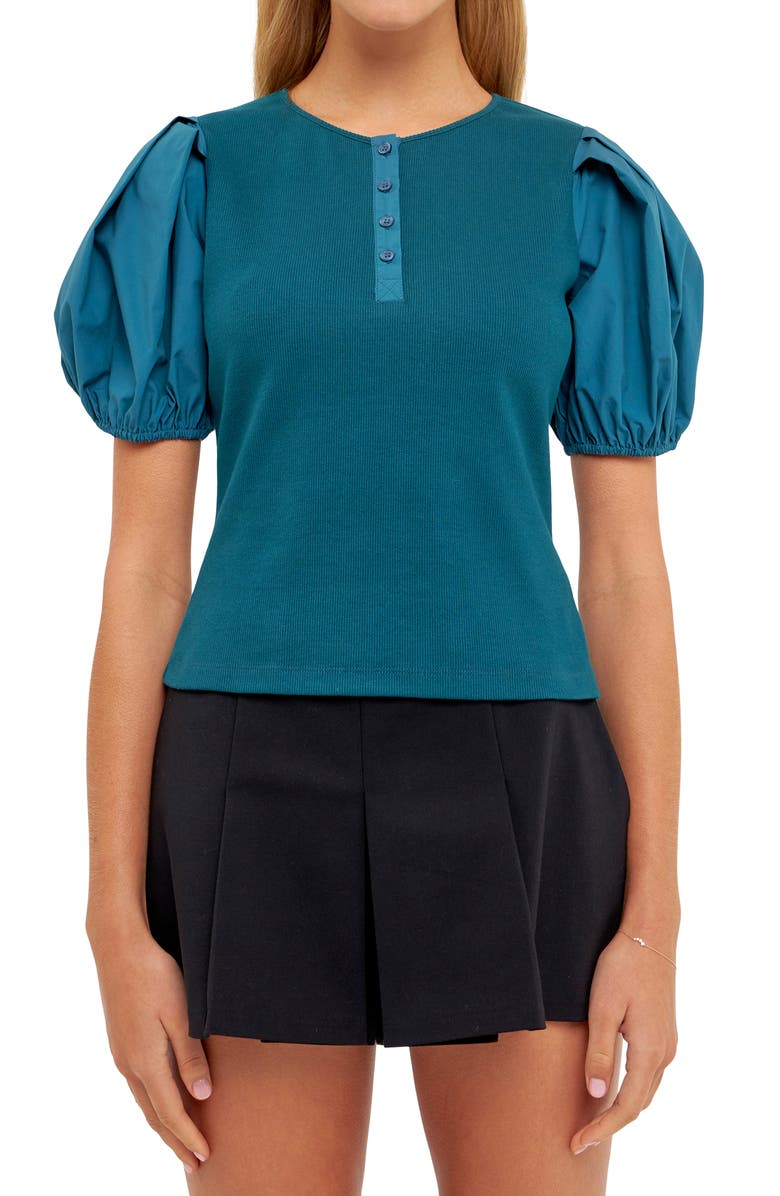 English Factory Puff Sleeve Henley, Alternate, color, Teal