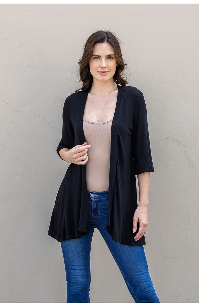 24seven Comfort Apparel Open Front Elbow Length Sleeve Cardigan, Alternate, color, Black