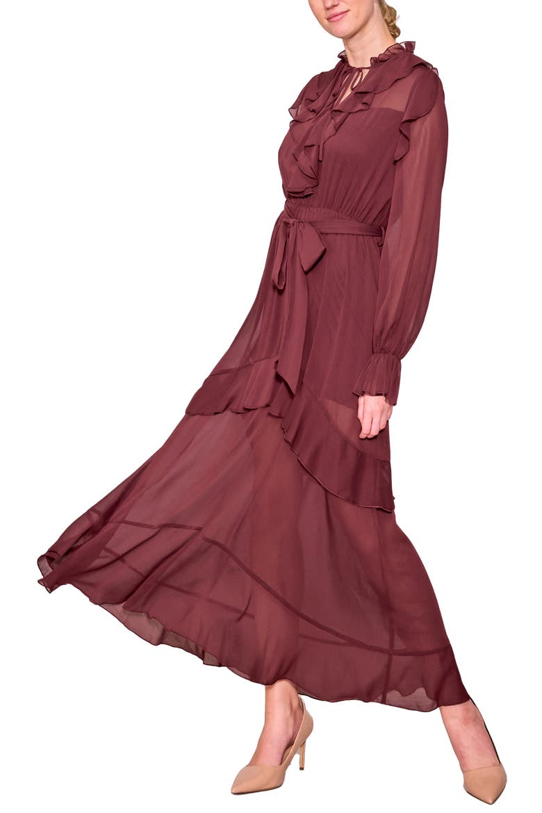 Ruffle Detail Tie Waist Long Sleeve Maxi Dress, Alternate, color, MAROON