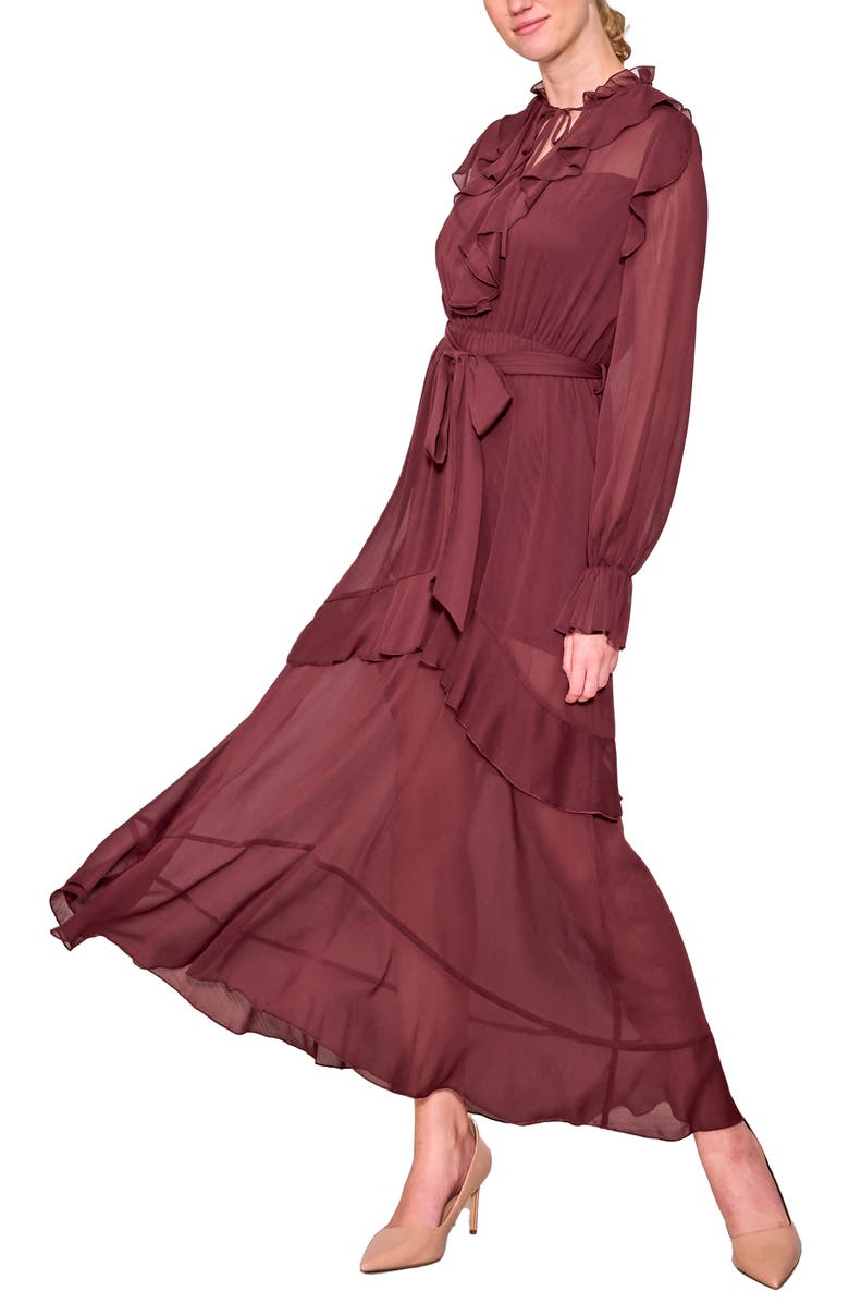 MELLODAY Ruffle Detail Tie Waist Long Sleeve Maxi Dress, Alternate, color, Maroon