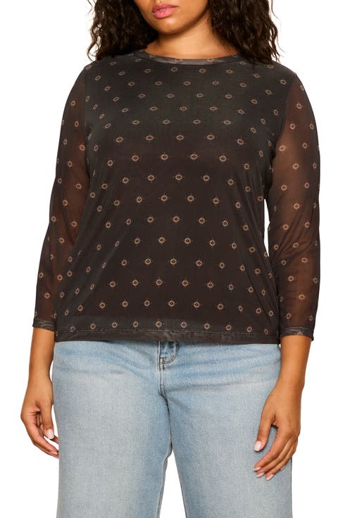 Plaid Mesh Three-Quarter Sleeve Top