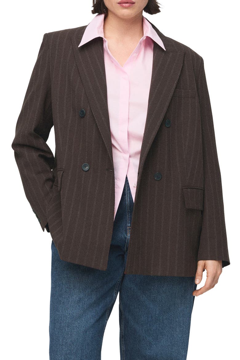 Double Breasted Pinstripe Blazer, Main, color, BROWN