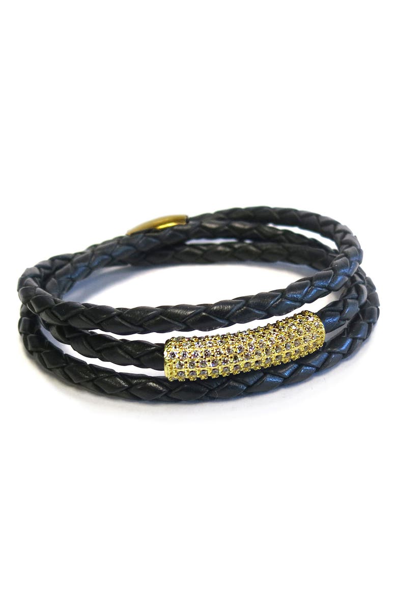 Liza Schwartz CZ Triple Braided Leather Bracelet, Main, color, Gold/ Black