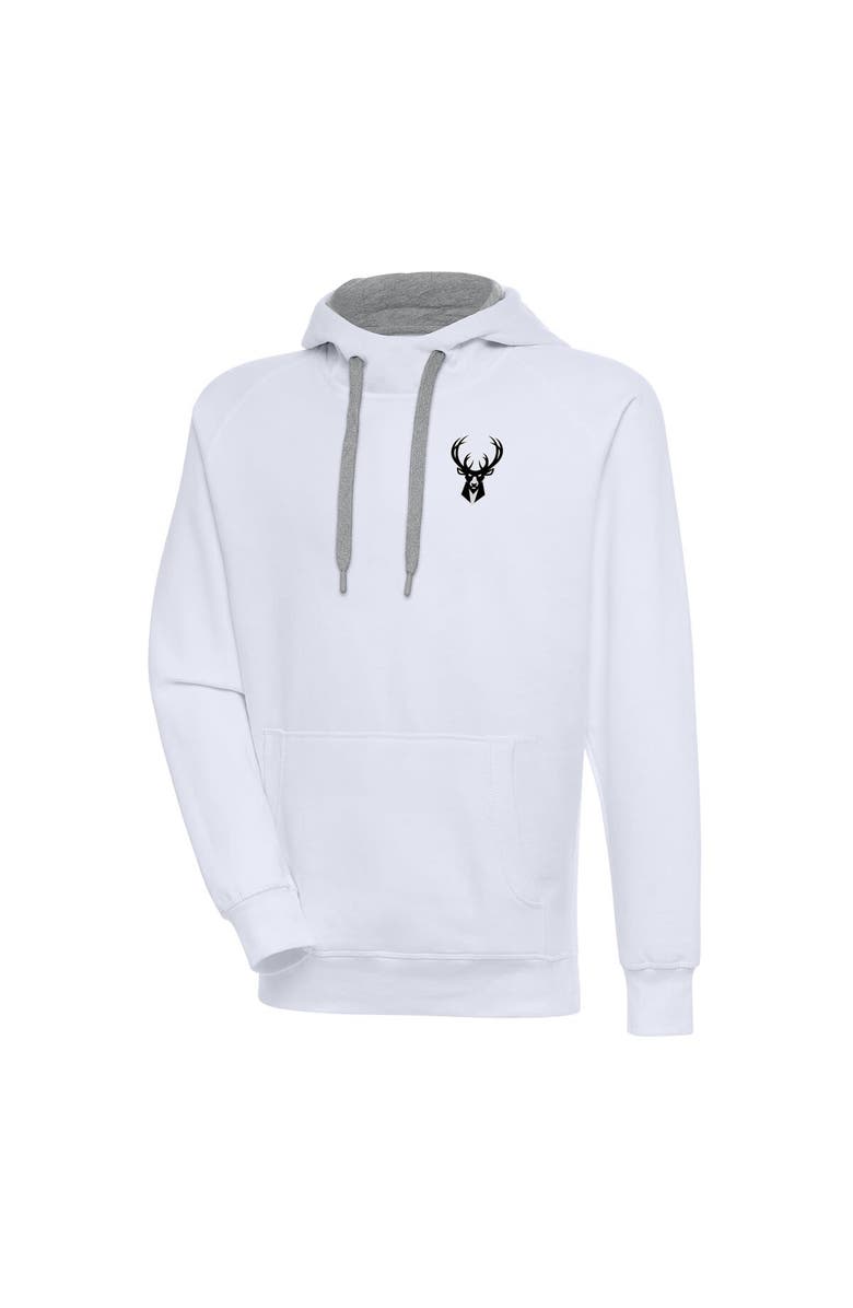 ANTIGUA Men's Antigua White Milwaukee Bucks Metallic Logo Victory Raglan Pullover Hoodie, Main, color, 