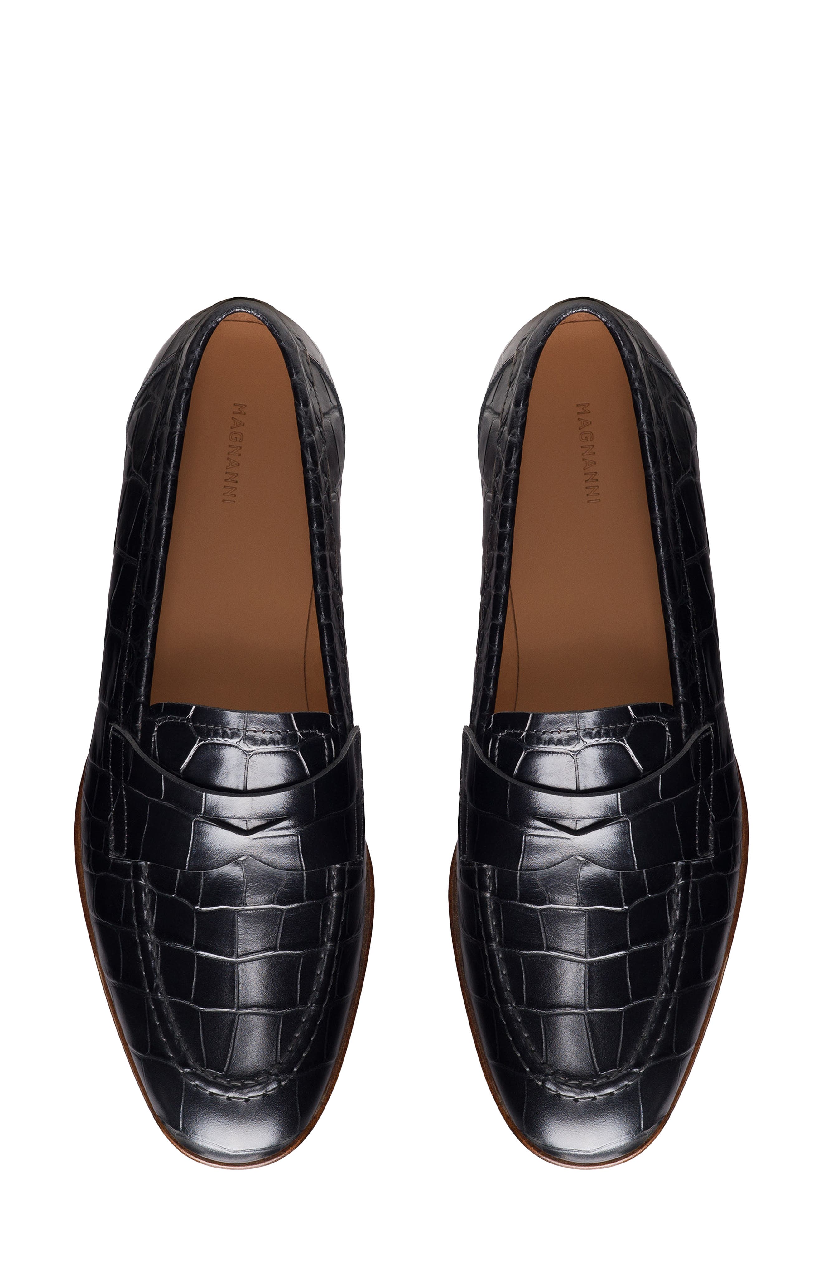 Magnanni Sonya Penny Loafer, Alternate, color, Alligator Stamp Black