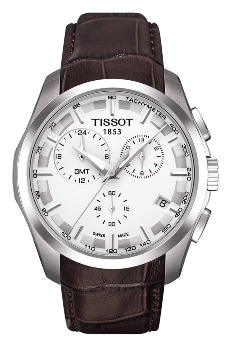 Men's Couturier GMT Embossed Alligator Leather Strap Watch, 41mm, Main, color, SILVER
