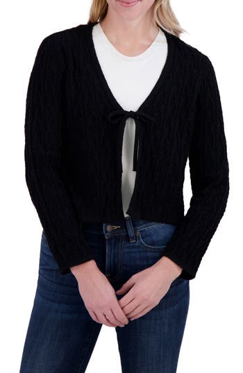 Lucky Brand Tie Front Open Stitch Cardigan In Jet Black