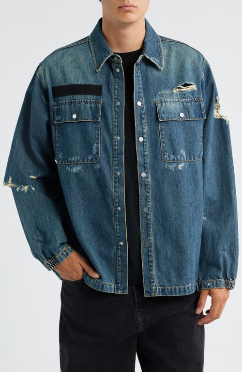 Helmut Lang Distressed Uniform Denim Snap-up Shirt In Blue
