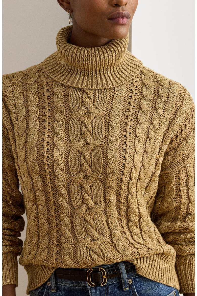 Metallic Turtlenrck Cable Knit Sweater, Alternate, color, RELIC GOLD METALLIC