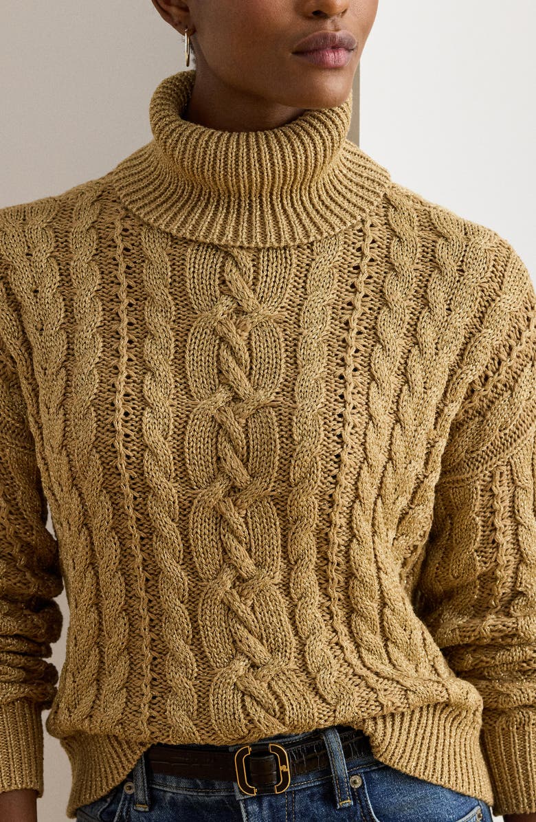 Lauren Ralph Lauren Metallic Turtlenrck Cable Knit Sweater, Alternate, color, Relic Gold Metallic